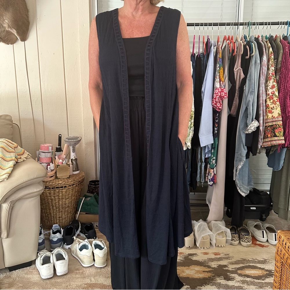 Anthropologie New navy blue open front long duster vest detailed back S